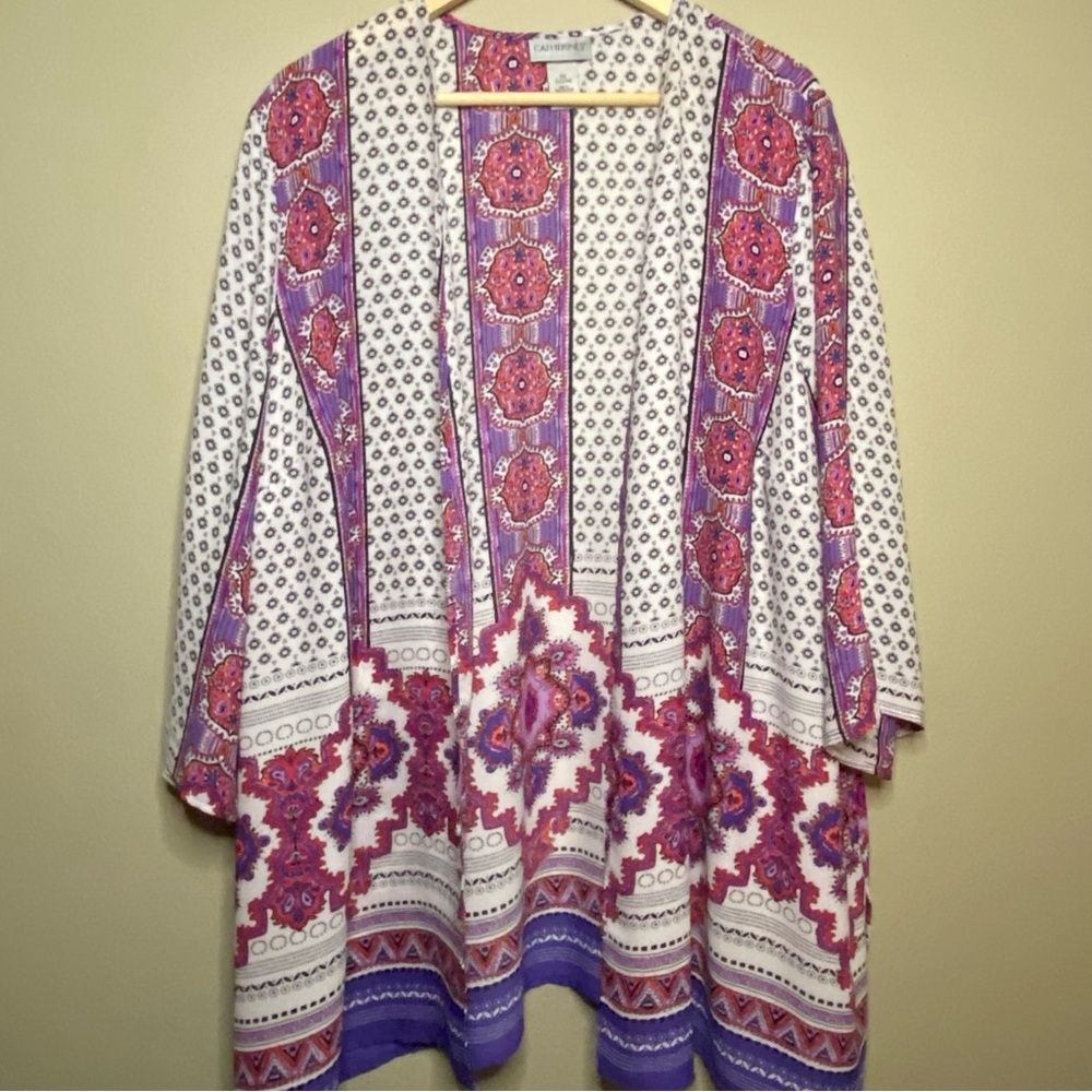 Catherines Open Front Duster Cardigan Women 2X 22/24W Pink Purple Paisley